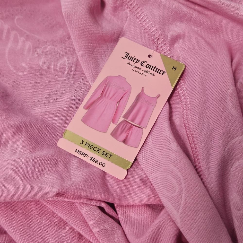 Juicy Couture Womens 3pc Pajama Set Pink Robe Cami Shorts Rhinestone Logo M NEW - Picture 9 of 9